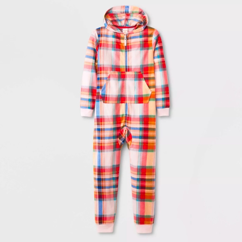 Cat & Jack Girls Fleece Union Suit One Piece Hooded Pajama Plaid Medium Sz8 EUC